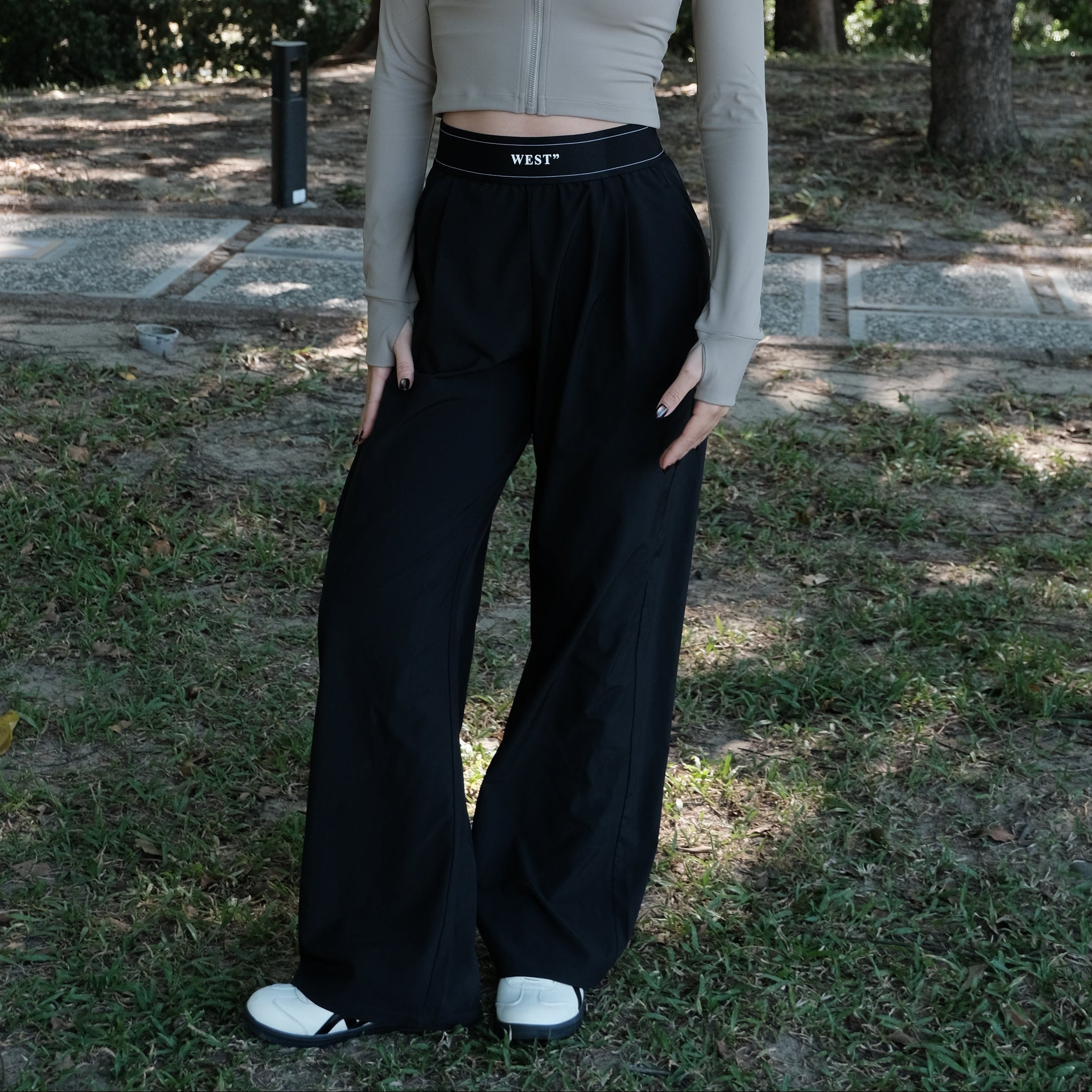 快乾織帶寬褲（黑色/深霧藍）